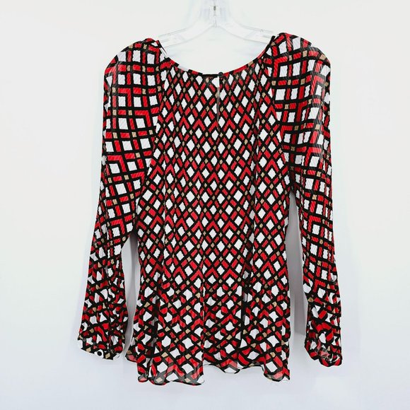 Chicos Top Geometric Patterned Cold Shoulder 1 M 8 Red Black Sheer Raglan Sleeve - Picture 12 of 16